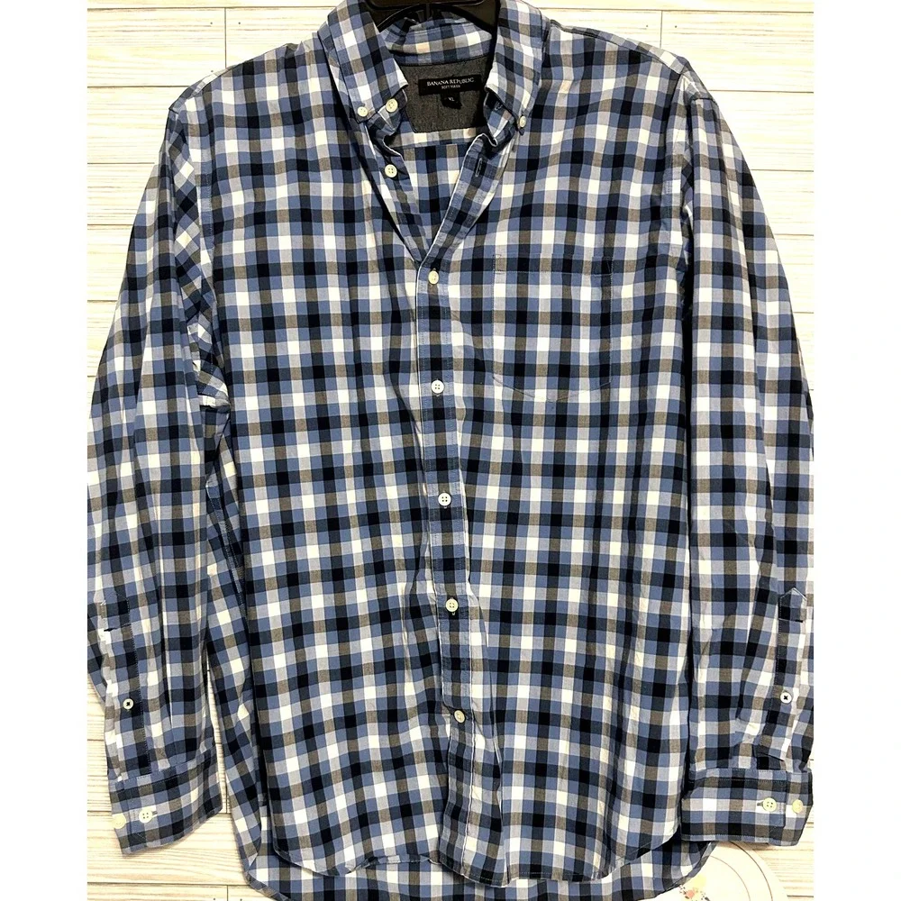 Men's Banana Republic Long Sleeve Blue Checkered dress polo collar Shirt Size XL